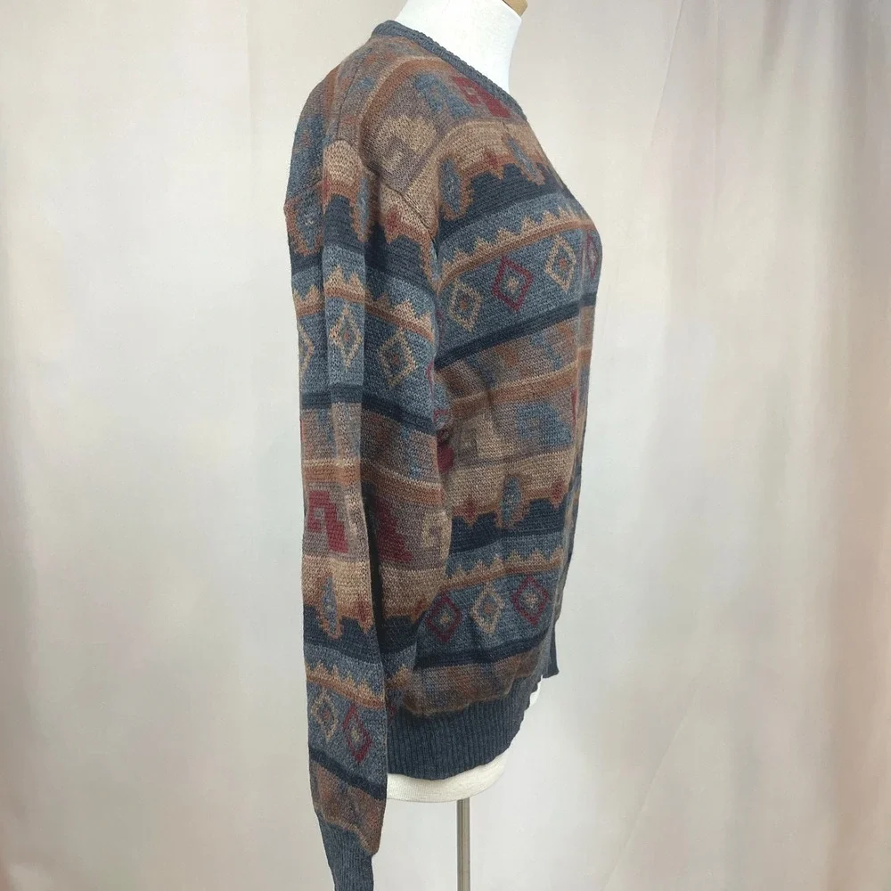 VTG 90s Mens (XL) ROBERT‎ BANKS Merino Wool Knit Sweater Ski Grandpa Aztec Brown
